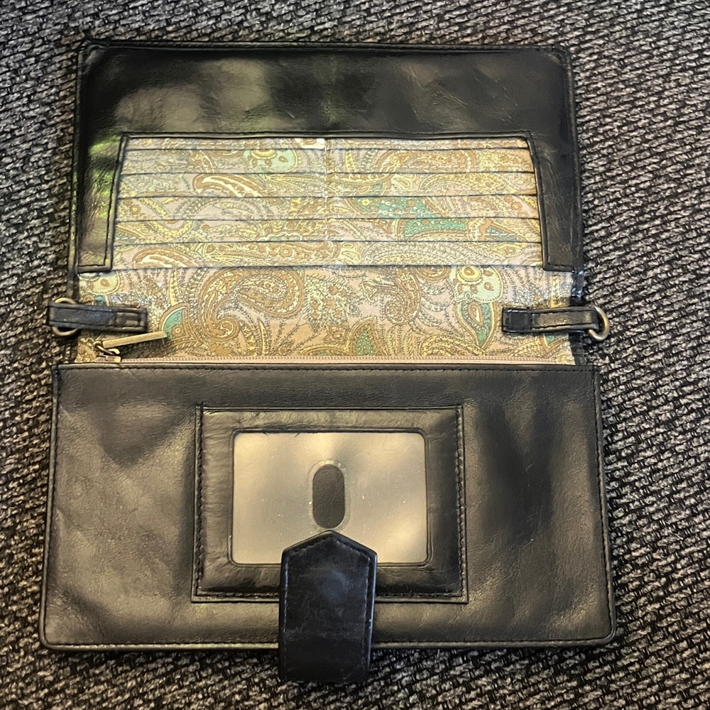 HOBO Lauren black leather clutch wallet paisley lining multi pocket snap closure